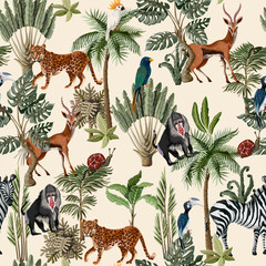  Seamless pattern with exotic trees and animals. Interior vintage wallpaper.