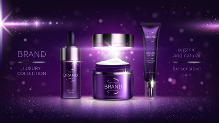 Night cosmetic series for face skin care, realistic vector. Plastic cream jar and serum, tube with eye gel. Cosmetics on purple shining background with light flashes, stars Mock Up for glossy magazine