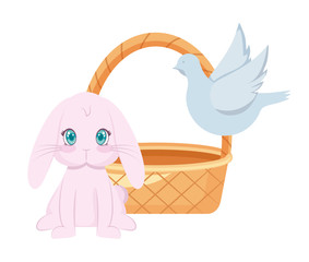 cute rabbit with basket wicker and dove