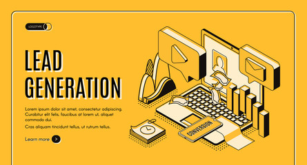 Lead generation Internet marketing strategy isometric projection vector web banner, landing page template. E-commerce sales performance research, online business conversion infographics illustration