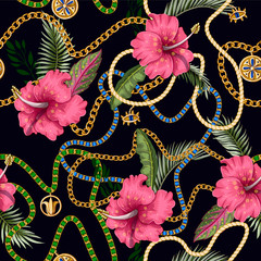 Wall Mural - Seamless summer pattern with belts, chains and tropical leaves and flowers. Trendy fashion print.