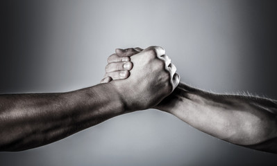 handshake, arms. friendly handshake, friends greeting. rescue, helping hand. male hand united in han