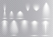 © Aleksandr - Vector light sources, concert lighting, stage beam spotlights set  lens flash effect. Spot lamp projection studio for podium, club, show, scene illuminated. Floodlight on transparent background.