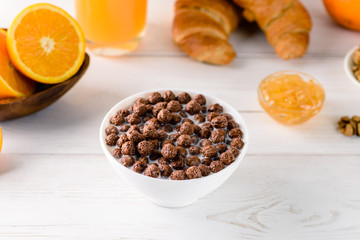 Poster - chocolate cereal with milk for breakfast, breakfast concept