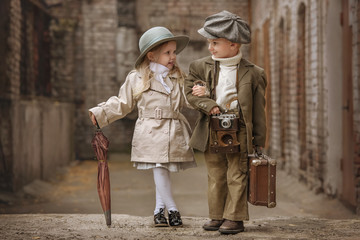 Romantic meeting of two children in the old town