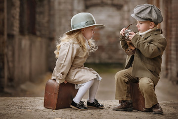 Romantic meeting of two children in the old town