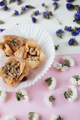 Wall Mural - Baklava sweet dessert. Pastry made of layers of filo filled with chopped nuts and sweetened and held together with syrup or honey