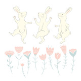 Fototapeta Dinusie - Easter Bunny character. Happy running and dancing bunnies. Flower frame silhouette. Isolated on white background.