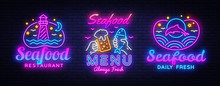 Seafood Neon Signs Set Vector. Seafood Menu Neon Sign, Design Template, Modern Trend Design, Night Signboard, Night Bright Advertising, Light Banner, Light Art. Vector Illustration