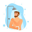 © Olga - Young man taking shower cartoon vector illustration.