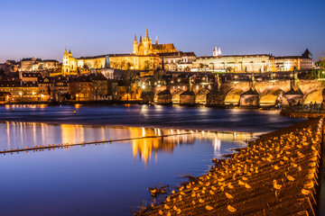 View of colorful old town and Prague castle with river Vltava, Czech Republic