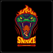 Green Aggressive Serpent With Burning Head. Snake Emblem. Vector Tattoo Design. Design For T-shirt, Poster And Sport Club.