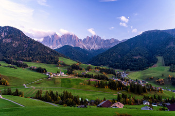 Wall Mural - Santa Maddalena village with magical Dolomites mountains in background, Val di Funes valley, Trentino Alto Adige region, Italy, Europe. Blue hour view of dramatic Italian Dolomites landscape.