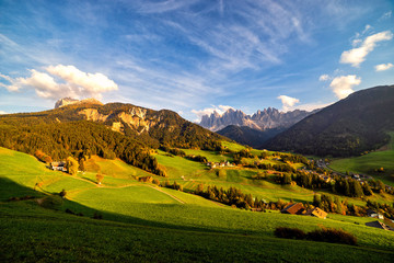 Wall Mural - Santa Maddalena village with magical Dolomites mountains in background, Val di Funes valley, Trentino Alto Adige region, Italy, Europe. Wide view of dramatic Italian Dolomites landscape.
