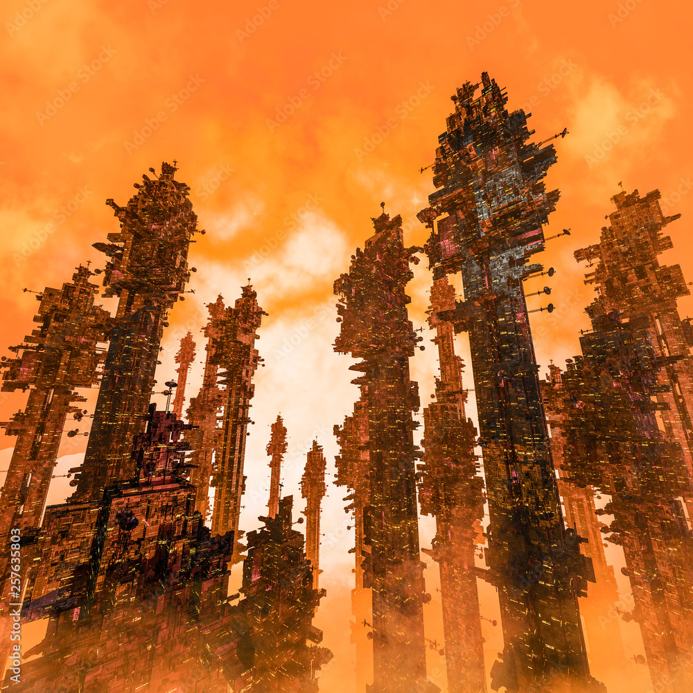 Mining colony city / 3D illustration of dark futuristic science fiction city  on hot desert planet の Stock イラスト | Adobe Stock