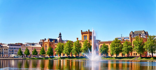 Panorama of the Schwerin old town at the Pfaffenteich lake. Mecklenburg-Vorpommern, Germany