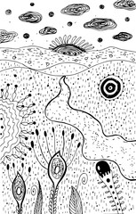 Wall Mural - Cartoon psychedelic landscape - coloring page for adults. Fantastic graphic sketch artwork. Vector illustration