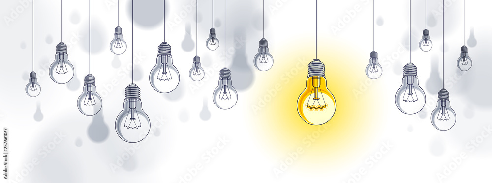 Idea concept, think different, light bulbs group vector illustration with single one is shining, creative inspiration, be special, leadership. - obrazy, fototapety, plakaty 