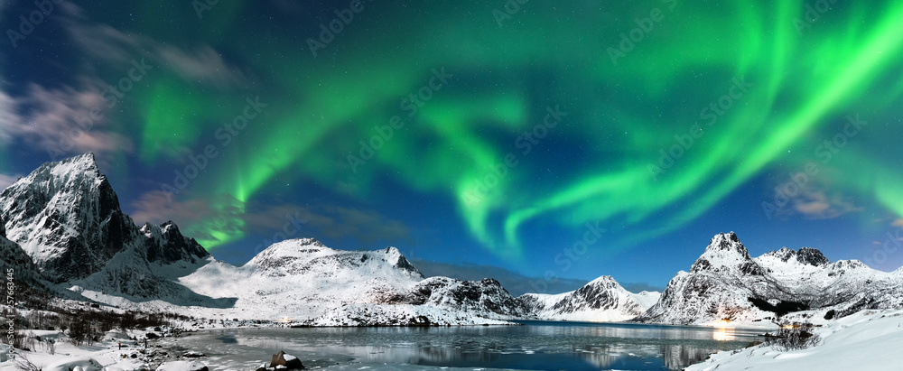 Aurora borealis landscape - obrazy, fototapety, plakaty 
