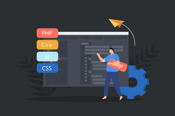 Concept of web development, programming and coding. Process of Software development. A man moves the interface elements and browser windows