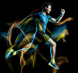 one caucasian runner running jogger jogging man light painting speed effect  isolated on black background