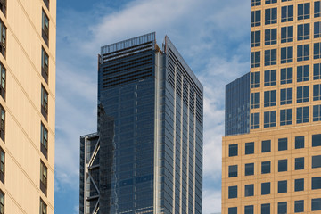 Close-up view of modern skyscrapers in Financial District Lower Manhattan New York City