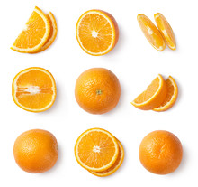 Orange Slices, Whole Orange, Half Of Orange Isolated On White Background. Top View.