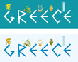 © Igor - Vector set of flat style banners with the word Greece and Greek symbols. A yellow helmet, an olive branch, a cithara, a blue pillar, a brown vase.