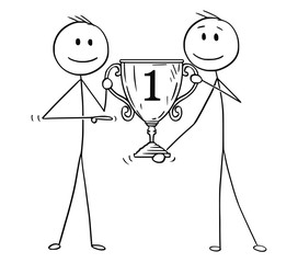 Poster - Cartoon stick figure drawing conceptual illustration of two men or businessmen holding together number one trophy cup for winner. Business concept of success and competition.