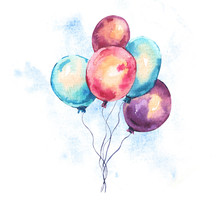 Watercolor Colorful Air Balloons Greeting Card. Hand Drawn Illustration