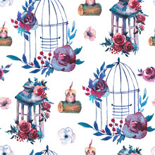Watercolor Seamless Pattern With Red Rose, Wildflowers, Berries, Leaves, Candle And Cage