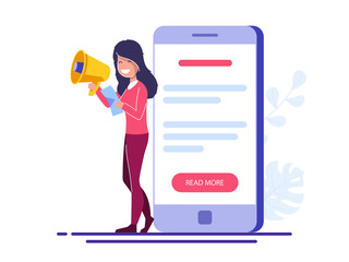 Wall Mural - Promotion or advertising concept. Young girl with a loudspeaker and a sheet stands near a large phone with an open web page. Flat vector illustration.