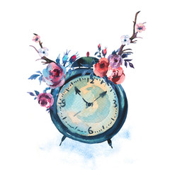 Watercolor Vintage Alarm Clock With Flowers in Bohemian Style