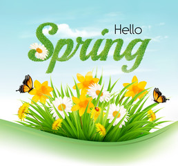 Wall Mural - Nature spring background with a green grass and flowers and butterflies. Vector.