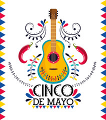 Poster - mexican guitar with chili peppers to event celebration