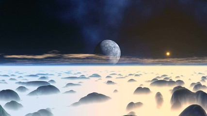 Wall Mural - Misty Hilly Alien Planet. In the starry sky of the planet and the nebula. The bright sun rises over the misty horizon.  Slowly floating clouds. 