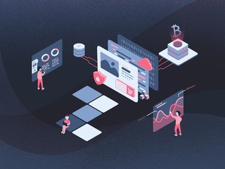 Isometric flat online eCommerce business security bitcoin blockchain digital technology cyber cloud server hosting developer coding   performance screen infographic illustration design dark theme