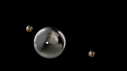 3D illustration of a silver large ball surrounded by two small gold balls isolated on a black background. Abstract representation of geometric shapes. 3D rendering