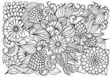 Vector Black And White Colorin Page For Colouring Book. Leafs And Flowers  In Monocrome Colors. Doodles Pattern