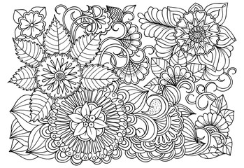  Vector black and white colorin page for colouring book. Leafs and flowers  in monocrome colors. Doodles pattern