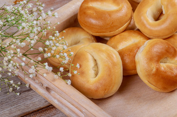 Homemade traditional hot buns on plate with top view