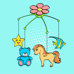 Pop art background. A musical toy over a cradle for a child. The subjects are horse, flower, star, bear and fish. raster