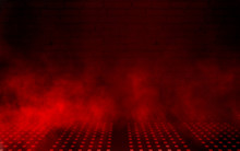 Empty Scene Background. Dark Background Of Empty Room, Neon Red Light, Concrete Floor, Smoke