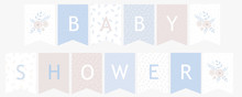 Lovely Baby Shower Paper Decoration Set. Cute Pastel Color Vector Garland For Baby Boy Party. Delicate Blue Floral Design. Flowers And Dots On A White, Blue And Beige Background. Sweet Nursery Art.