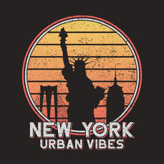 New York slogan typography for design t-shirt with city buildings. NYC original grunge print for tee shirt. Vector illustration.