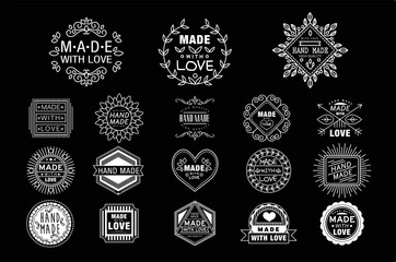 Sticker - Vector set of stylish white logos for handmade goods. Made with love. Branding identity. Design for business card, ads or packaging