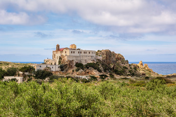 Chrisoskalitissa Monastery or Panagia Chryssoskalitissa located on the southwest coast of Crete, Greece.