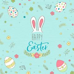 Wall Mural - Happy Easter greeting card with cute spring eggs