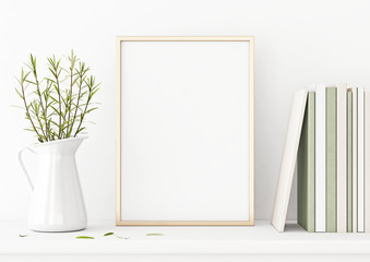 Aufkleber - Vertical poster mockup with golden metal frame standing on table and decorated with jug, green plants and pile of books on empty white wall background. 3D rendering, illustration.