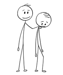 Sticker - Cartoon stick figure drawing conceptual illustration of sad or depressed man and his friend who is in support. Concept of friendship.